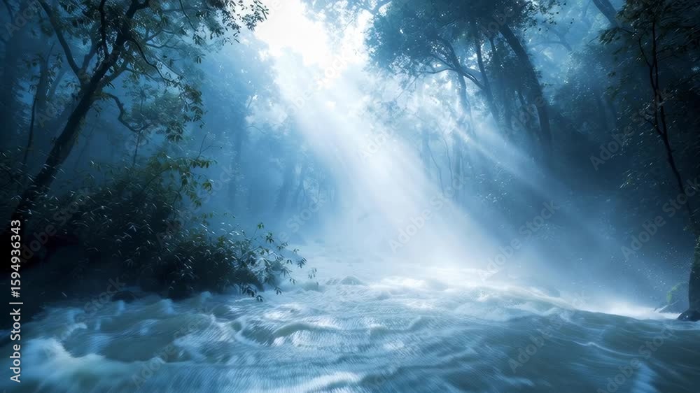 Rain and water flooding a tropical forest
