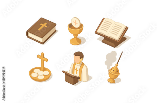 Illustrated icons of christian symbols and cleric