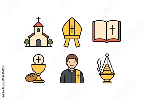 Christian symbols: church, mitre, bible, chalice, priest, thurible illustration