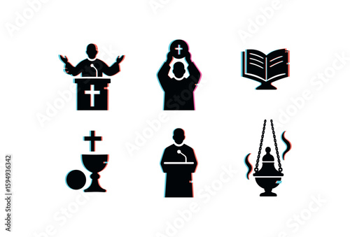 Christian symbols and figures in glitch art style