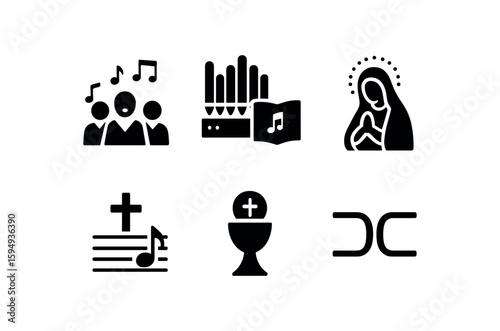 Religious symbols collection: music, virgin mary, bible, communion