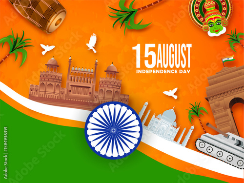 Happy Independence day of India celebration background design with tricolor flag. Vector Illustration.