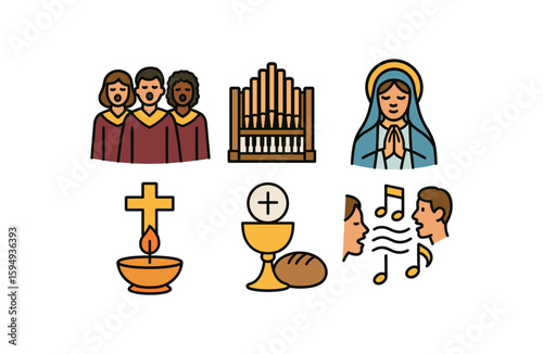 Religious symbols: choir, organ, virgin mary, cross, communion, singing