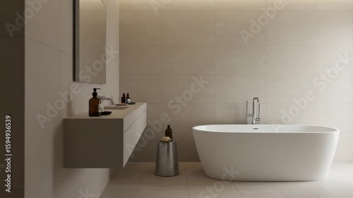 Minimalist Modern Bathroom Interior with Freestanding Bathtub and Neutral Tones