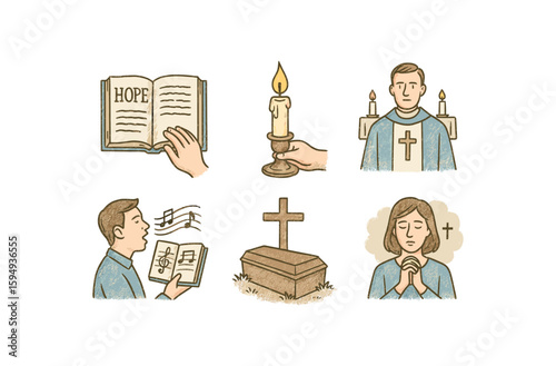 Religious symbols: prayer, music, hope, candle, priest, cemetery cross