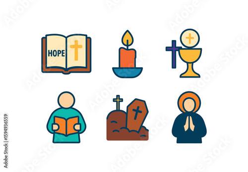Christian symbols: bible, candle, chalice, prayer, cemetery, worship