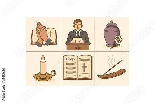 Funeral symbols and traditions: prayers, eulogy, urn, candle, incense