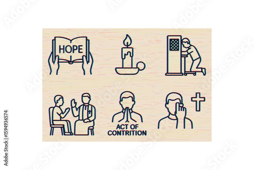 Christian symbols of faith and repentance: hope, candle, confession, prayer, cross