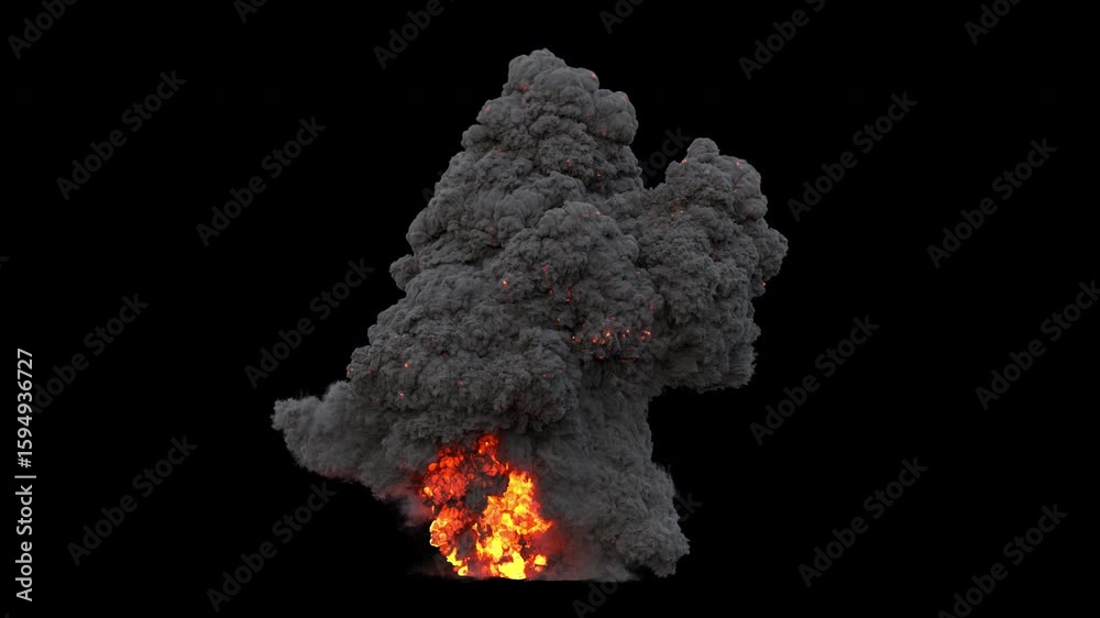 Volumetric explosion with intense fire and thick smoke rising dramatically on a transparent background, perfect for cinematic VFX compositing and dynamic visual effects scenes.