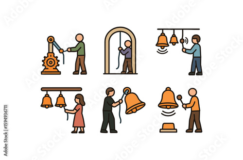 Human figures ringing bells - male and female cartoon characters in bell-ringing poses
