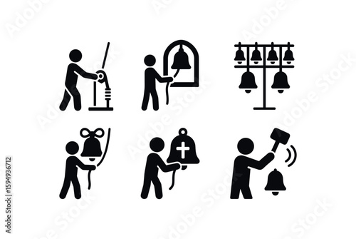 Bell ringing icons set - black silhouettes of people and bells
