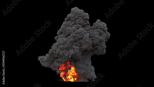 Volumetric explosion with intense fire and thick smoke rising dramatically on a transparent background, perfect for cinematic VFX compositing and dynamic visual effects scenes.