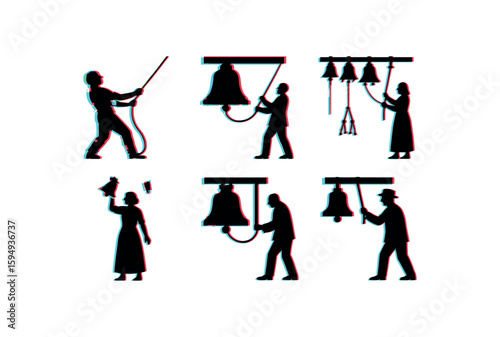 Silhouettes of people ringing bells in various poses and configurations