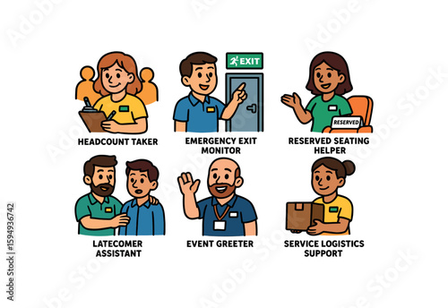 Isometric office roles: headcount taker, emergency exit, reserved seating, latecomer assistant, event greeter, service support