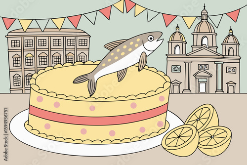 Una figura de pescado decorada con brillo y rodeada de rodajas de limón en un evento al aire libre con edificios históricos.