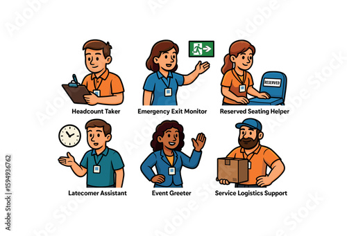 Cartoon illustrations of event staff in various roles with speech bubbles