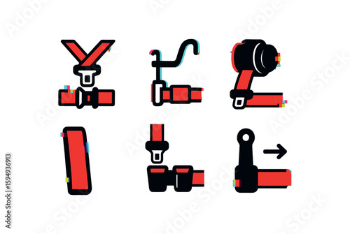 Red and black glitch-effect icons of belt, handcuffs, headphones, roller, seatbelt, button