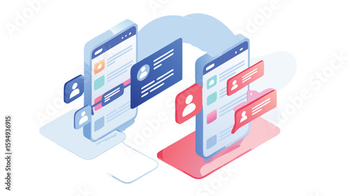 Isometric view of two smartphones exchanging data and messages with user interface design