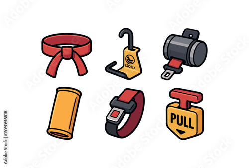 Red car seatbelt components collection for safety