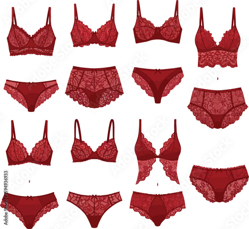 Luxurious Red Lace Lingerie Collection, Sensual Women's Underwear Set with Various Bra and Panty Styles, Intimate Apparel.