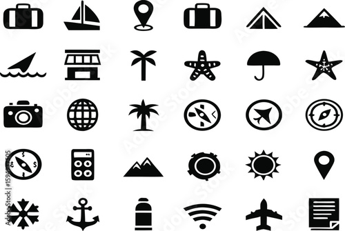 Collection of travel and vacation icons silhouette