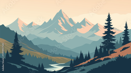 Tranquil Nature Scene of Mountains and Trees Silhouette