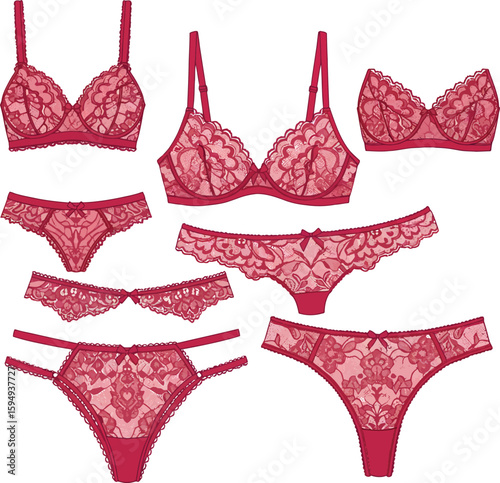 Exquisite Pink and Red Lace Lingerie Collection, Sensual Women's Underwear with Detailed Bra and Various Panty Styles, Intimate Apparel.