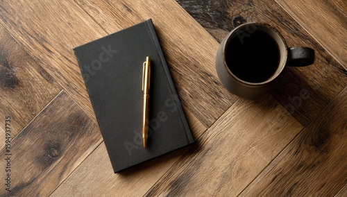 Black notebook with gold pen beside coffee mug on wooden parquet floor, ideal for productivity app interfaces and luxury stationery branding visuals
