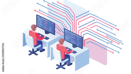 Two developers coding at desks with connected network lines in isometric view illustration style