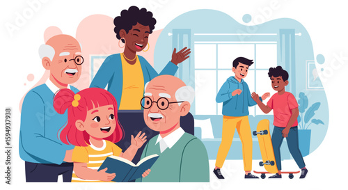 Multigenerational family enjoying time together at home, perfect for family, togetherness, and generational connection themes.