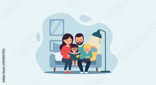 Happy Family Reading Together at Home - Perfect for Family Blogs, Children's Books, or Educational Websites
