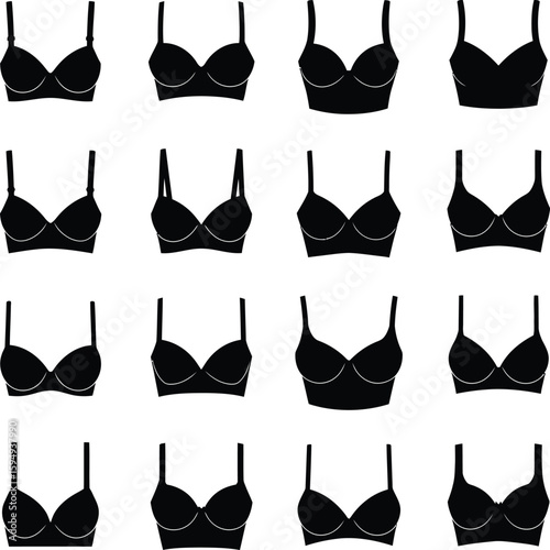 Diverse Black Bra Silhouettes Collection: Essential Lingerie Styles for Women - Vector Icons Set on White Background.