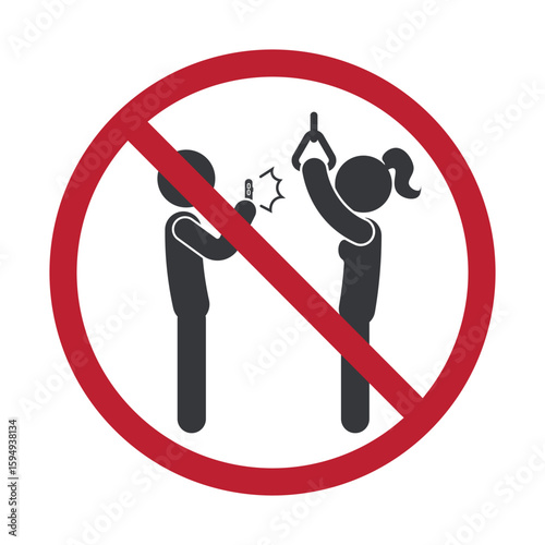 Isolated prohibition sign to secretly taking photos of others inside public transport, symbolizing harassment or pervert behavior on bus or train.