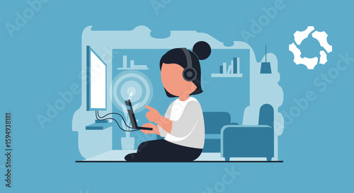 Woman working from home on laptop, wearing headphones. Illustration ideal for blog posts about remote work, productivity, or technology.