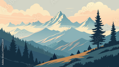Tranquil Nature Scene of Mountains and Trees Silhouette
