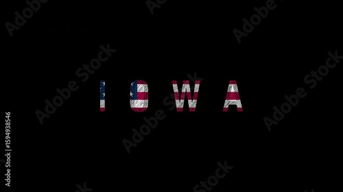 Animated scribble effect iowa text with us flag pattern on black background