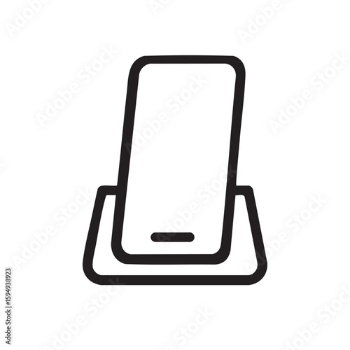 A black and white icon of a smartphone in a charging dock.