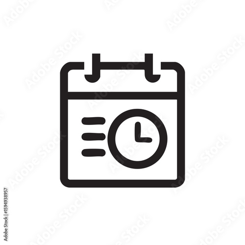  An outline icon of a calendar with a clock and list items.