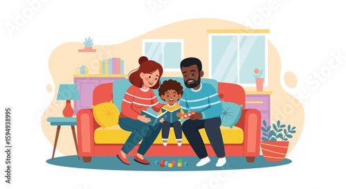 Happy family reading a book together on a couch. Perfect for family blogs, children's books, or websites promoting family togetherness.