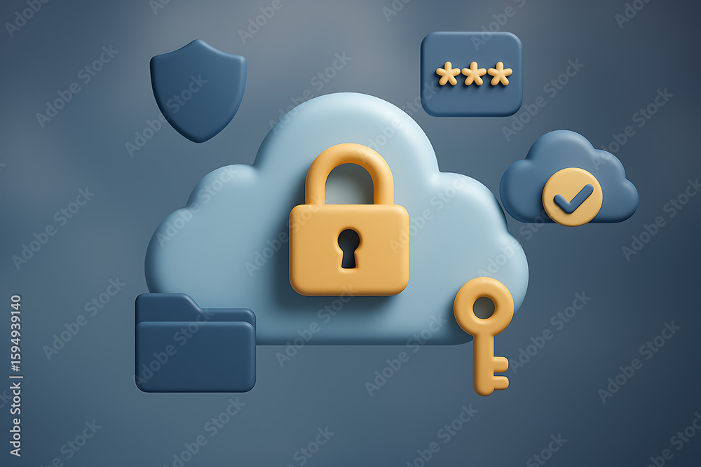 Obraz premium Secure Cloud Backup with Locked Cloud Password Key and Data Protection Icons 3D Render