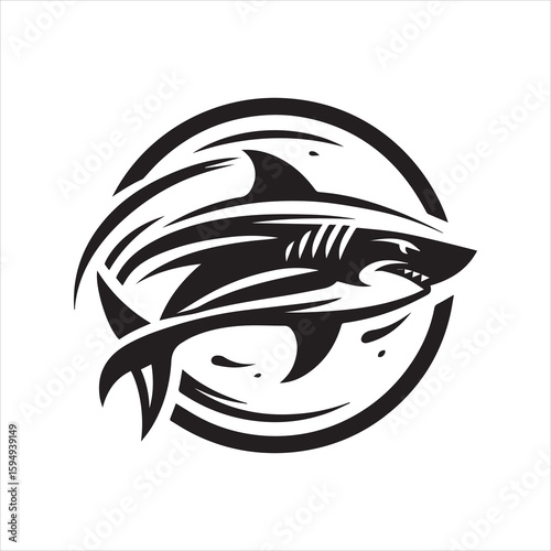 Stylized Shark Design in Circular Frame Monochrome Vector Art.