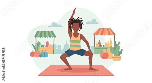 Man doing yoga outdoors near market stalls - perfect for wellness websites and brochures.