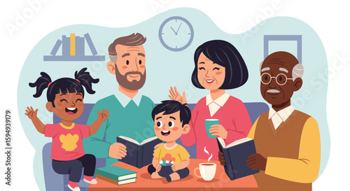 Multigenerational family reading together at home, perfect for family, education, and wellbeing websites and brochures.