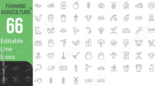 Collection Of Modern Editable Thin Stroke Line Style Farming And Agriculture Icons Set Related Farm Products, Animals, Equipment, Pictograms, Infographics For Mobile Apps And More Vector Illustration