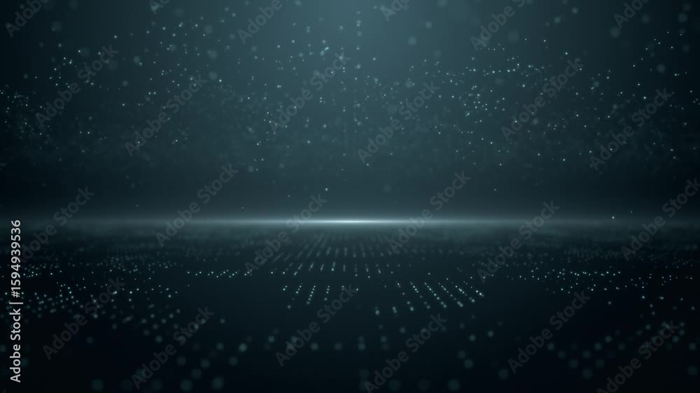 Futuristic digital landscape technology background with a grid network of digital data lights and bouncing particles. Global data communications concept. This dark atmospheric animation is a loop.