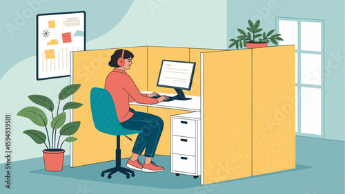 Modern office worker at computer, ideal for websites, blogs, and presentations on remote work.