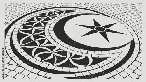 Explore islamic mosaic art pattern design with crescent moon and star tile floor illustration design