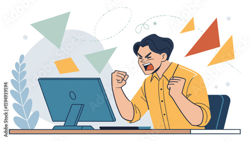 Frustrated man yelling at computer screen, ideal for illustrating stress, anger, or tech problems in articles, websites, or presentations.