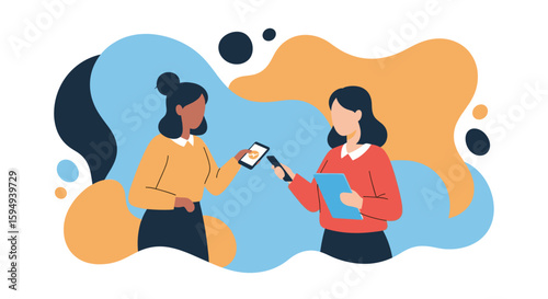 Two women collaborating using smartphones and a tablet, ideal for a business website or app landing page.