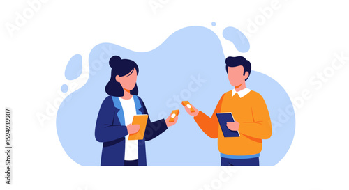 Two colleagues exchanging documents, perfect for illustrating teamwork, collaboration, or project handover on a website or presentation.